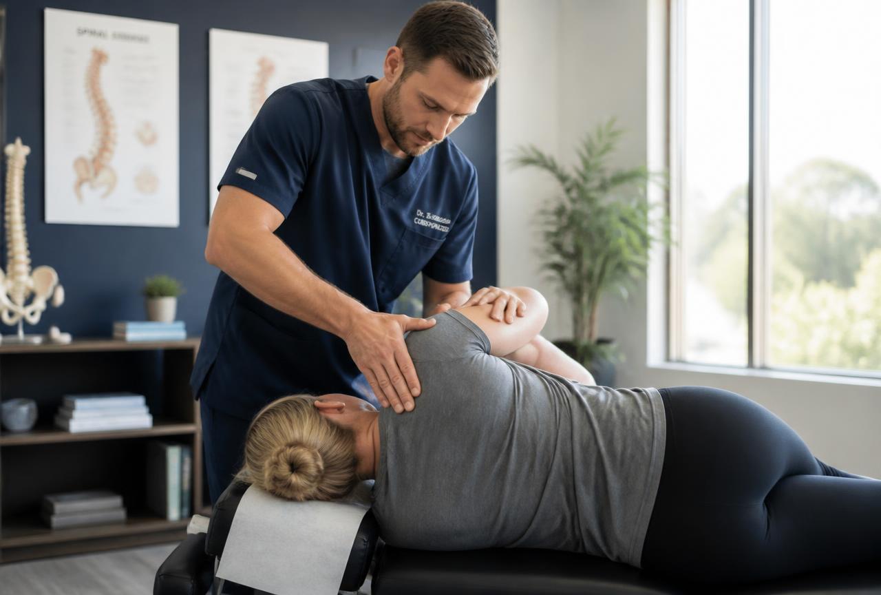 Chiropractor performing a gentle spinal adjustment on a patient