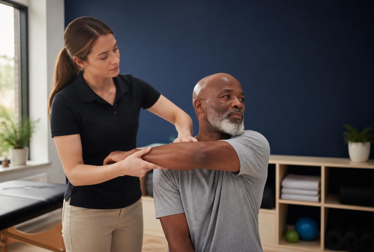 Therapist guiding a patient through a rehabilitative shoulder stretch