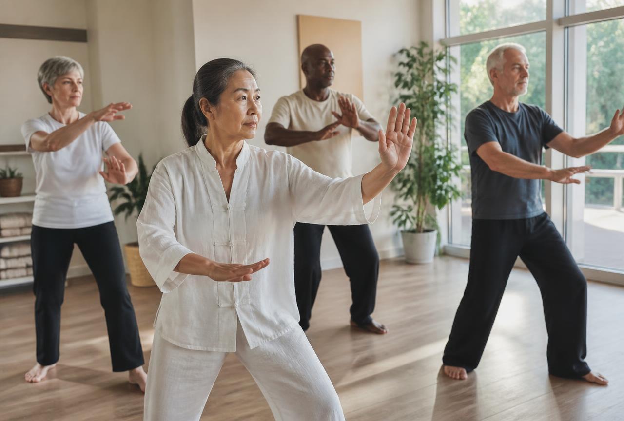 Group practicing rehabilitative Qigong and Tai Chi movements in a sunlit studio